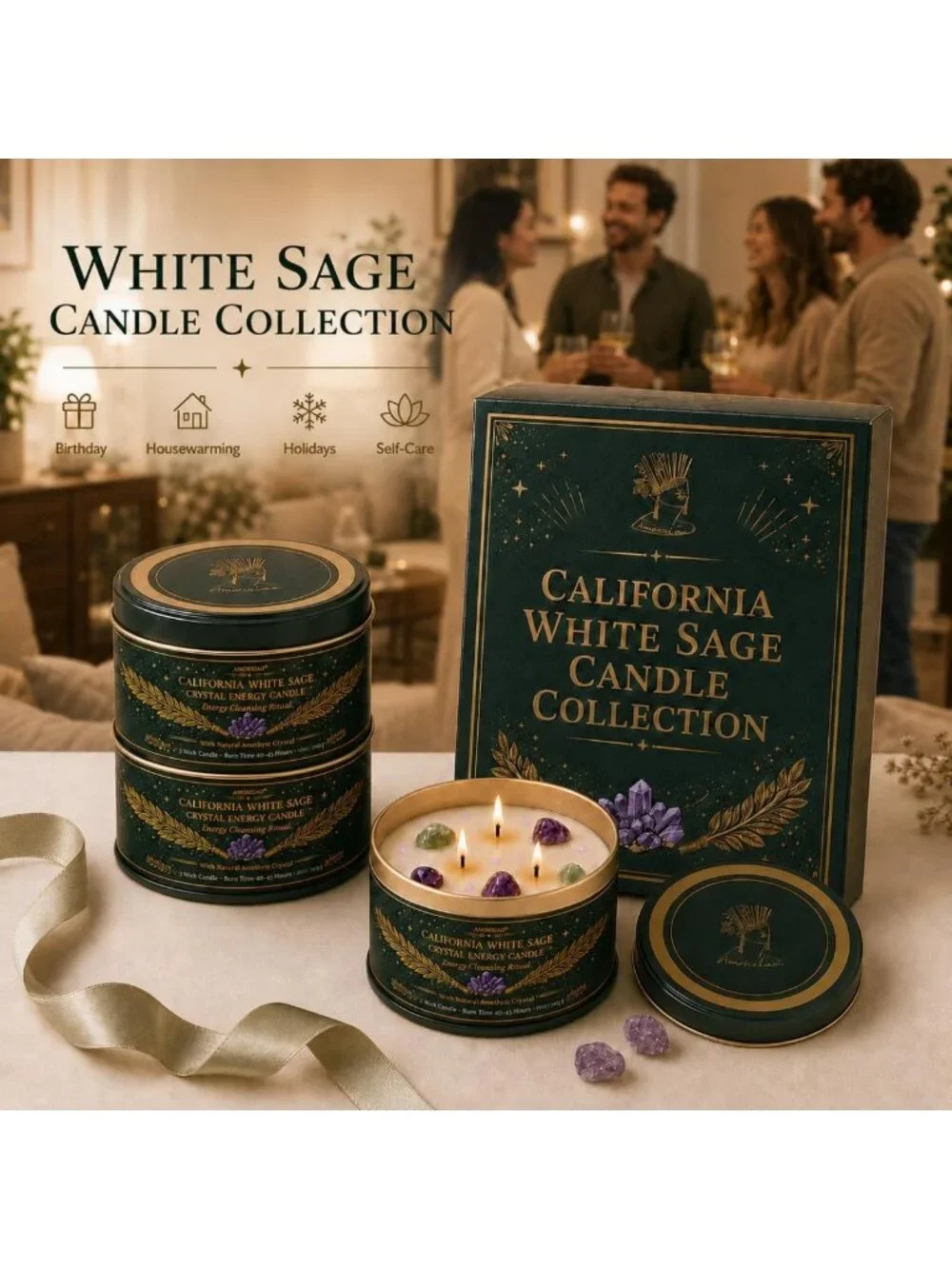 Cleansing Sage Candle Set - 3 Pack Scented Jar Candles with Healing Crystals